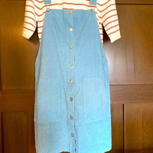 Corduroy light blue skirt and shirt.